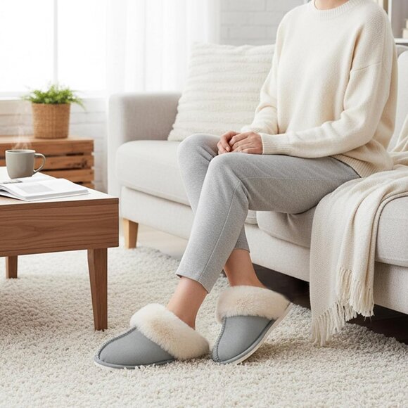 Women's Light Gray Memory Foam Winter Warm Fluffy Cozy Slip On Slippers Shoes - Picture 2 of 7